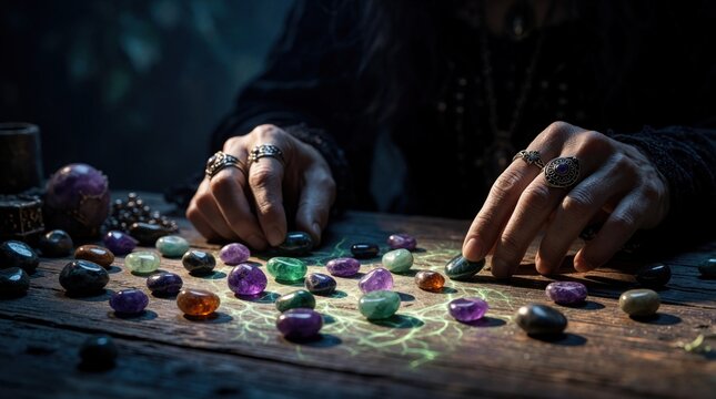 Witch hands arrange colorful magic stones on wooden table. Mystical ritual with crystals and occult symbols. Spell casting practice for divination and energy healing.