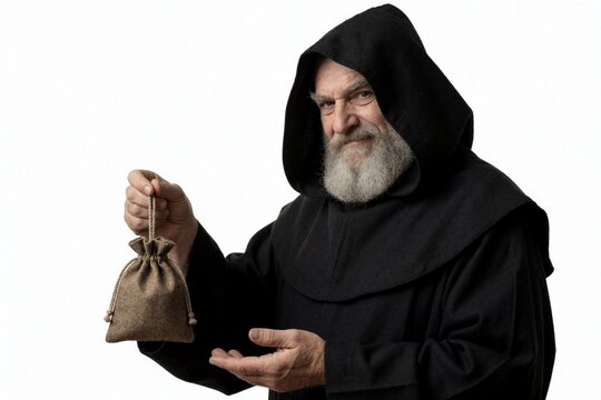 Elderly monk in black hooded robe holds small burlap money bag. Old bearded man with kind smile presents pouch of coins. Spiritual priest ascetic hermit shows wealth donation in studio on white