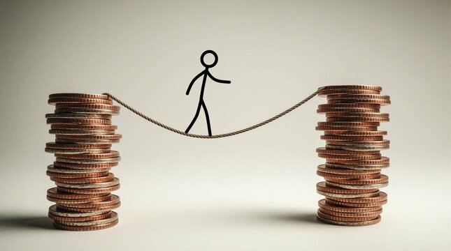 Stick figure walks tightrope between two coin stacks. Represents financial risk, investment challenge, budget planning, and economic stability. Careful stpic needed.