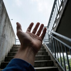 Fototapeta premium Man reaches hand towards bright sky from concrete stairs. Low angle view shows arm stretching up for freedom success. Urban architecture background with metal railing, stairs under cloudy sky. Person