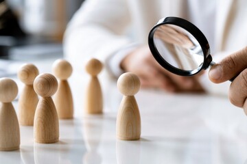 Fototapeta premium Person examining one wooden figure among a group with a magnifying glass representing selection and detailed evaluation in recruitment or strategy planning