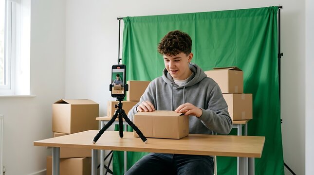 A young man records a video of himself opening a cardboard package in a room with teenager sits wooden desk films himself unboxing parcel smartphone tripod