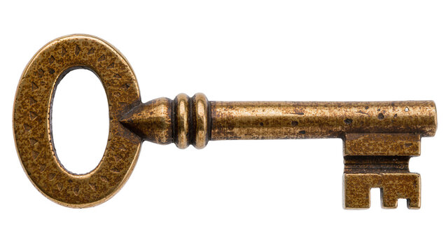 Antique brass skeleton key with ornate bow, isolated on transparent background