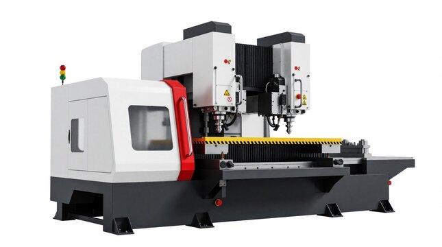 Industrial AC servo drive turret punch press machine for high precision metalworking. Automated heavy machinery performs sheet metal punching, stamping in modern factory. Pro manufacturing equipment