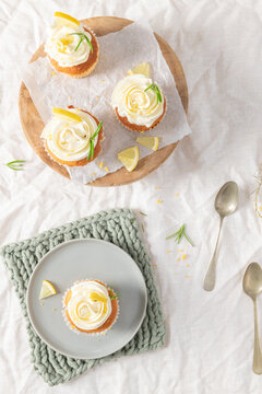 Lemon cupcakes with white frosting from top view