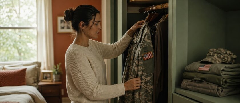 Young woman hangs a camouflage military uniform with American flag patch in a bedroom closet beside folded army clothing and cap