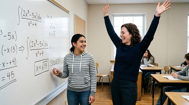 A teacher celebrating with a student after successfully solving a complex calculus problem on whiteboard with solution classroom whiteboard raised excitement student