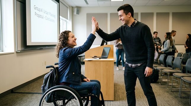 A woman in a wheelchair and a man giving a high five in a classroom with after presentation lecture wheelchair male classmate student wheelchair