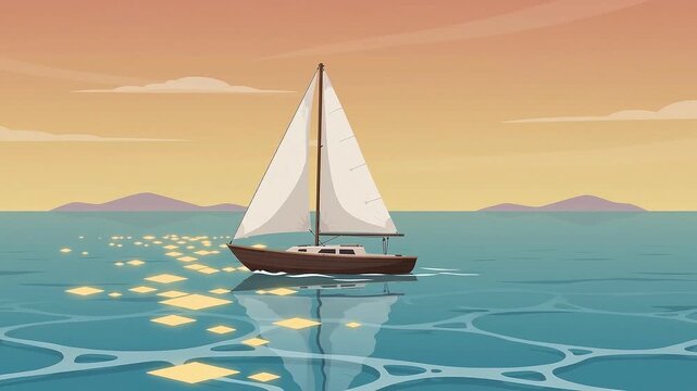 Sailboat glides gently on calm, shimmering waters