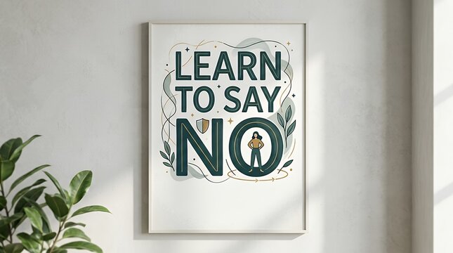 Motivational Bold Lettering Displaying Inspiring Words of Personal BoundariesAgainst Clean Neutral Surface learn to say no text background quote phrase word lettering message concept typography