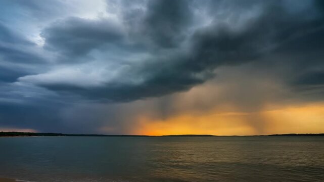 Dramatic Stormy Sunset over Calm Sea 4K Generative AI