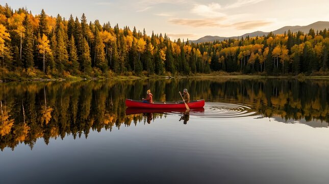Two people paddling a red canoe on a calm lake with autumn forest reflection