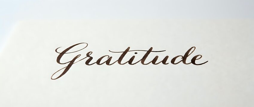 Handwritten gratitude text in elegant cursive script on neutral beige