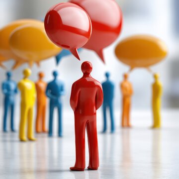 Red figurine standing confidently with speech bubble among diverse colorful figures symbolizing communication and leadership in a group setting