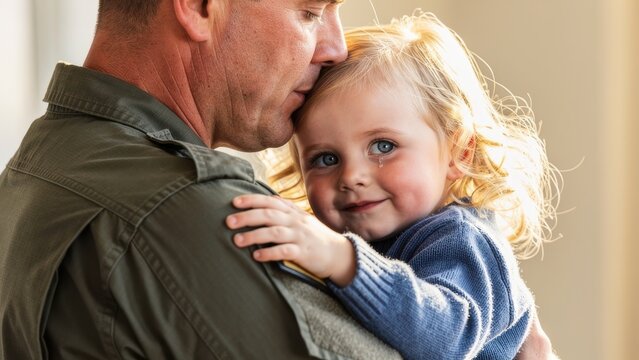 Military father in green uniform hugs his blonde young daughter with a tear on her cheek during an emotional family reunion at home