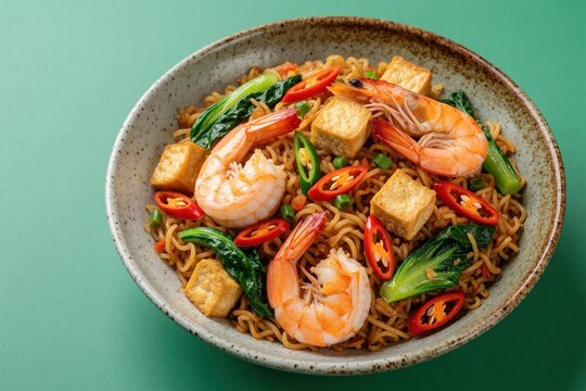 Bowl of spicy Malaysian mee goreng mamak with prawns, tofu, bok choy, and chili slices. Noodles are seasoned and garnished, presented in a clean food photography style on a green background.