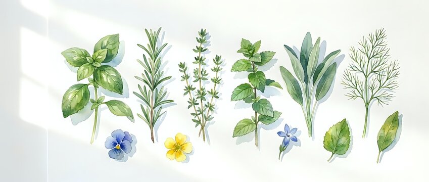 Fresh culinary and medicinal herbs collection featuring basil