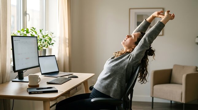 Woman sitting at a wooden desk stretching her arms while working in a home office with desk computer plants woman stretches sitting chair professional