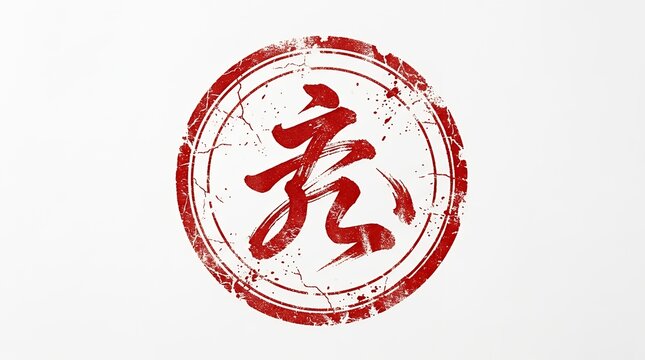 Abstract Red Grunge Circle Stamp Symbol With Calligraphy Character On Isolated White Backdrop circle red grunge stamp background symbol white isolated abstract emblem icon character calligraphy art