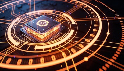Naklejka premium Futuristic Quantum Processor Protected by Holographic Security Rings with Encrypted Particles and Glowing Data Connections, Advanced Cybersecurity Defense System, Premium Cinematic 3D