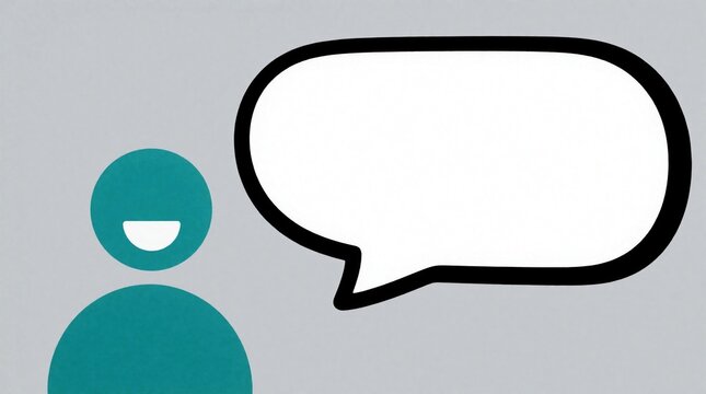 Smiling teal person icon with blank speech bubble. Friendly male avatar communicates via chat message. Character talks in social media profile, shares opinion, provides feedback, gives customer