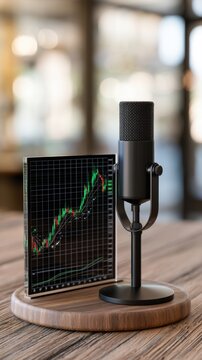 Modern podcast setup with a professional microphone and digital stock market chart display on a wooden table in a cozy indoor environment