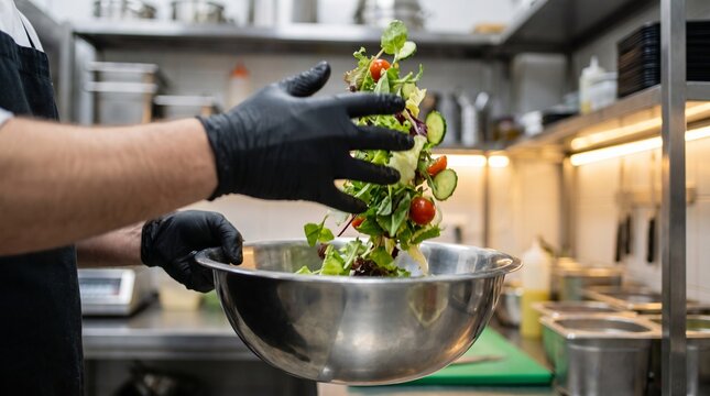 Close up hands tossing fresh salad in bowl, commercial ghost kitchen food preparation, delivery only vegetarian meal production, healthy virtual restaurant cooking