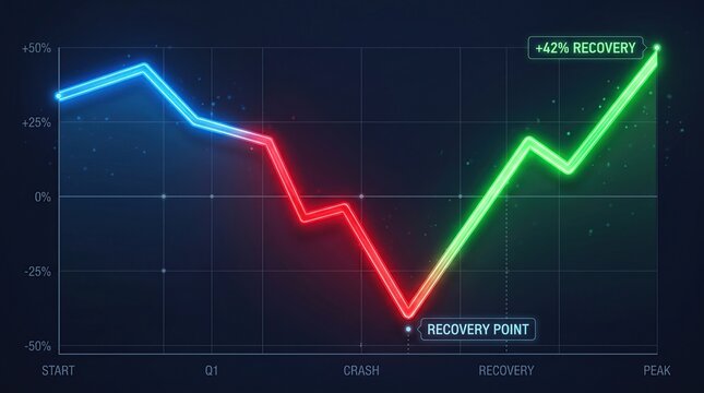 Market recovery chart showing dramatic financial crash followed by powerful V shaped rebound, glowing blue red and green line ending 42 percent higher on dark background