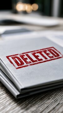 Stacked gray folders with a bold red deleted stamp on top lying on a wooden desk in an office setting with blurred background lights