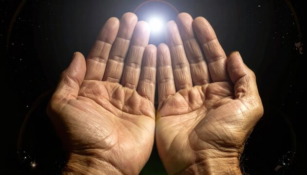 Hands raised in prayer with divine light shining above.