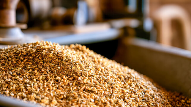 Mixed animal feed grain piled in a metal trough with warm light and blurred farm interior