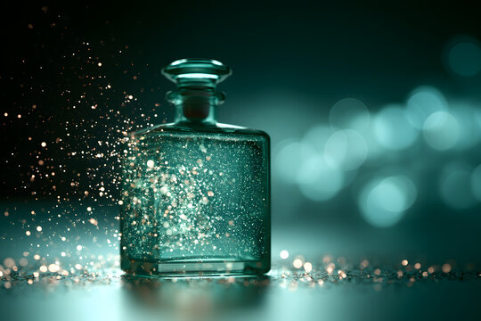 Crystal Perfume Bottle Dissolving Into Golden Sand Particles
