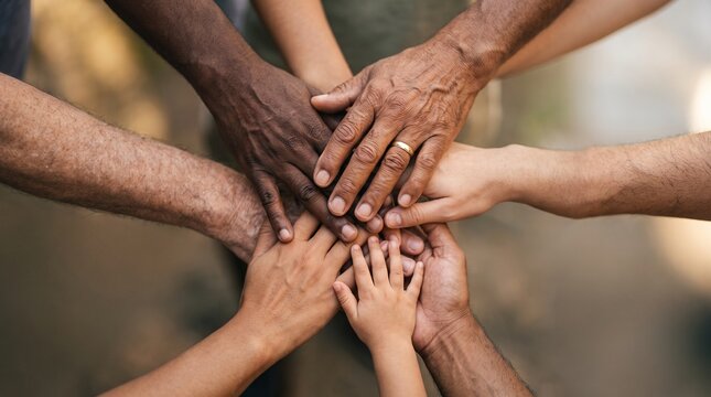Hands of people of various ages and skin tones naturally coming together at the center of the composition&mdash;a gesture of unity and support.