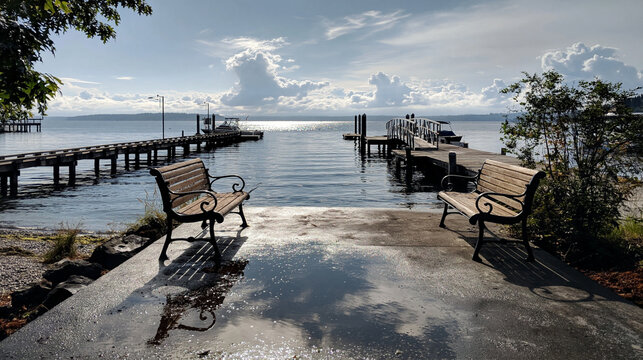 Benches facing water near boat dock