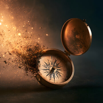 Vintage Compass Dissolving Into Golden Dust