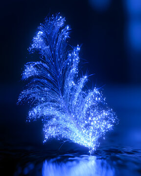 Blue Feather Dissolving Into Glowing Light Particles