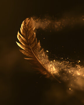 Feather Dissolving Into Golden Surreal Light Particles