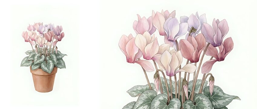 Potted cyclamen with delicate pink and purple blooms and green