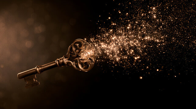 Vintage Brass Key Dissolving Into Glowing Gold Particles
