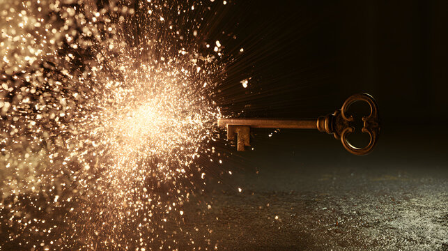 Brass Key Dissolving Into Explosive Golden Starburst