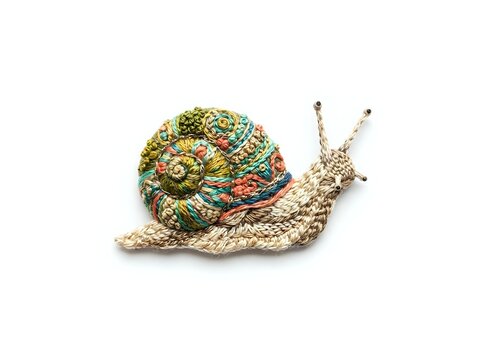 Handmade crocheted snail toy with colorful striped shell in green
