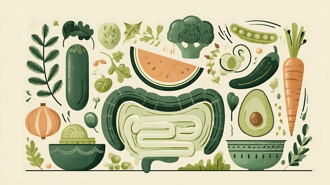 Stylized flat illustration of fresh vegetables surrounding a human intestine. Concept for healthy digestion and gut health nutrition.