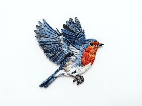 European robin in flight with blue wings and red breast