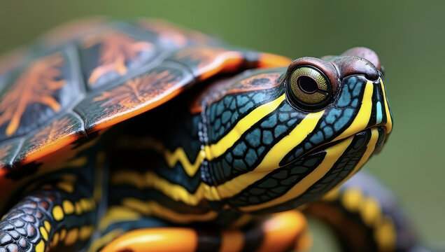 Painted turtle (Chrysemys picta) close up portrait showing vibrant colors and pattern