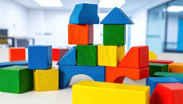 Colorful wooden building blocks stacked in a bright classroom