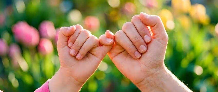 Two children with light skin tone linking their pinky fingers