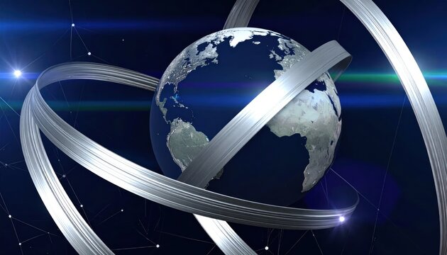 Digital globe with silver orbits in a network background
