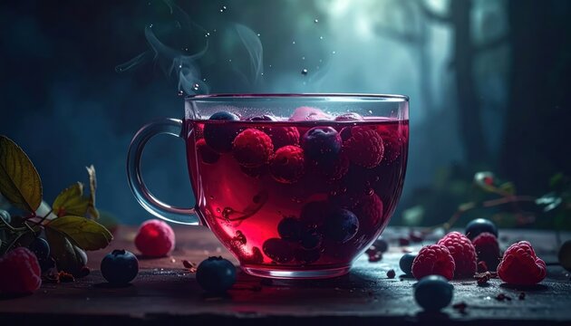 Steaming berry tea with raspberries and blueberries in dark forest