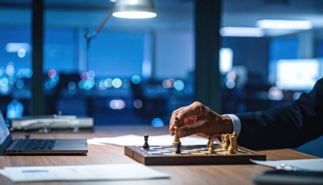 Businessman moving chess piece on desk in night office