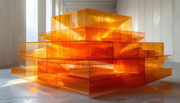 Orange translucent geometric sculpture in a white minimalist gallery